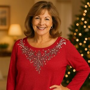 Cathy Daniels Women’s Red Sequin Holiday Top L Glittery Floral Party Blouse